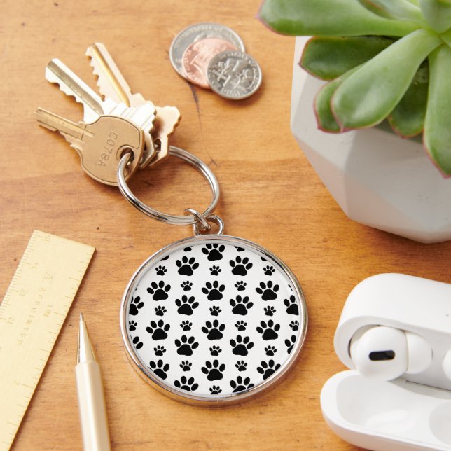 Paw Pattern, Dog Paws, Paw Prints, Black and White Key Ring (Desk)