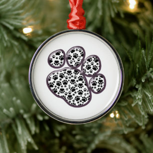 Paw Pattern, Dog Paws, Paw Prints, Black and White Metal Tree Decoration