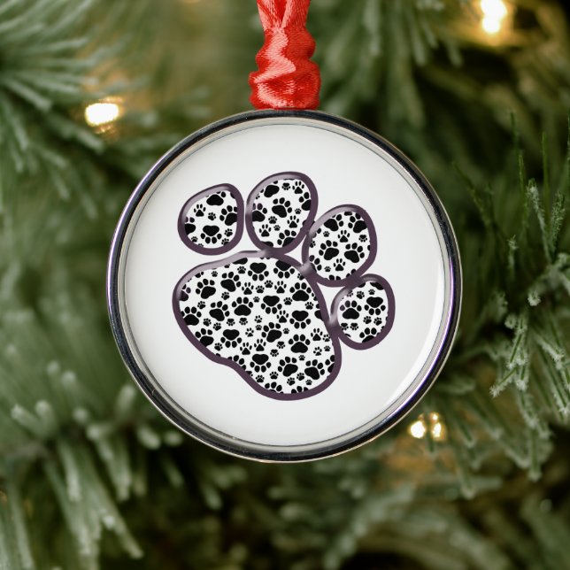 Paw Pattern, Dog Paws, Paw Prints, Black and White Metal Tree Decoration (Tree)