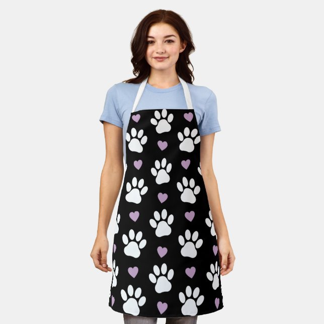 Paw Pattern, Dog Paws, White Paws, Lilac Hearts Apron (Worn)