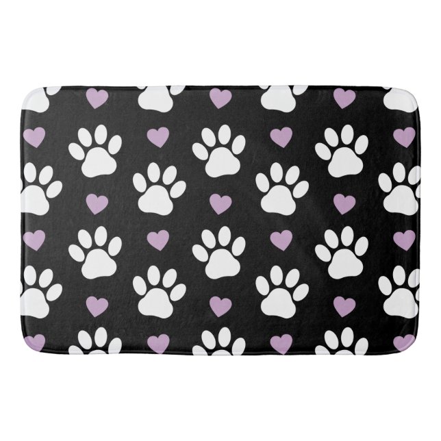 Paw Pattern, Dog Paws, White Paws, Lilac Hearts Bath Mat (Front)