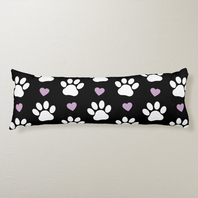 Paw Pattern, Dog Paws, White Paws, Lilac Hearts Body Cushion (Front)