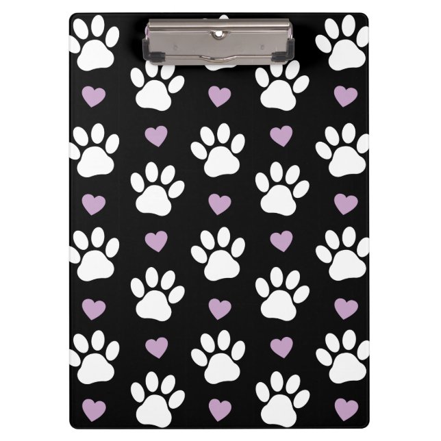 Paw Pattern, Dog Paws, White Paws, Lilac Hearts Clipboard (Front)
