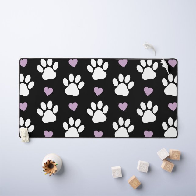 Paw Pattern, Dog Paws, White Paws, Lilac Hearts Desk Mat (Kids Table)