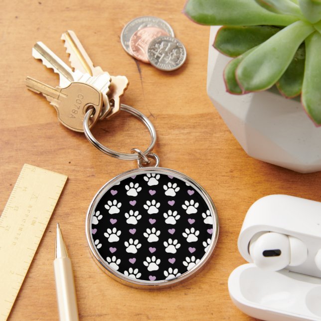 Paw Pattern, Dog Paws, White Paws, Lilac Hearts Key Ring (Desk)
