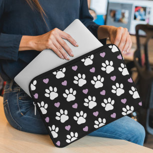 Paw Pattern, Dog Paws, White Paws, Lilac Hearts Laptop Sleeve