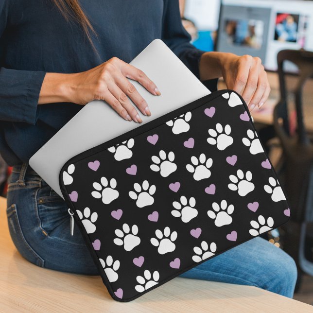 Paw Pattern, Dog Paws, White Paws, Lilac Hearts Laptop Sleeve (Creator Uploaded)