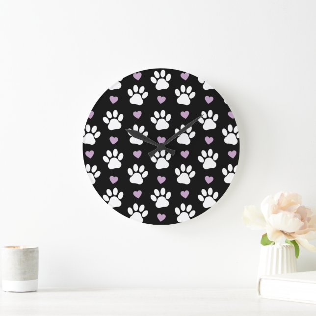 Paw Pattern, Dog Paws, White Paws, Lilac Hearts Large Clock (Home)