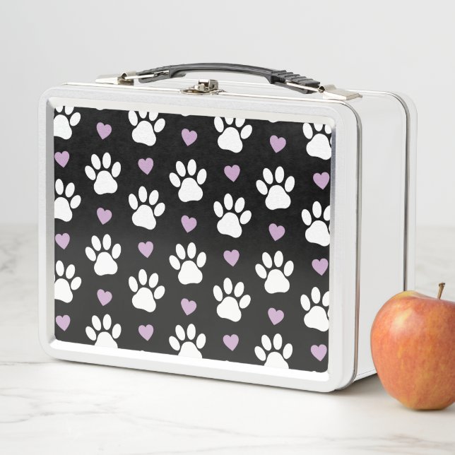 Paw Pattern, Dog Paws, White Paws, Lilac Hearts Metal Lunch Box (In Situ)