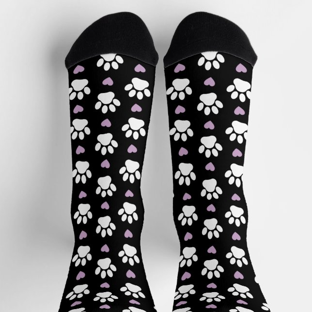 Paw Pattern, Dog Paws, White Paws, Lilac Hearts Socks (Top)