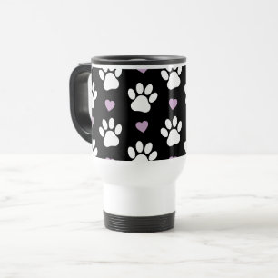 Paw Pattern, Dog Paws, White Paws, Lilac Hearts Travel Mug