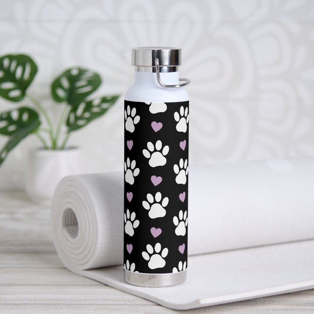 Paw Pattern, Dog Paws, White Paws, Lilac Hearts Water Bottle (Yoga)