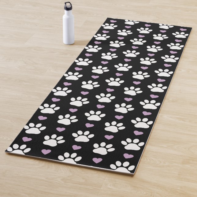 Paw Pattern, Dog Paws, White Paws, Lilac Hearts Yoga Mat (In Situ)