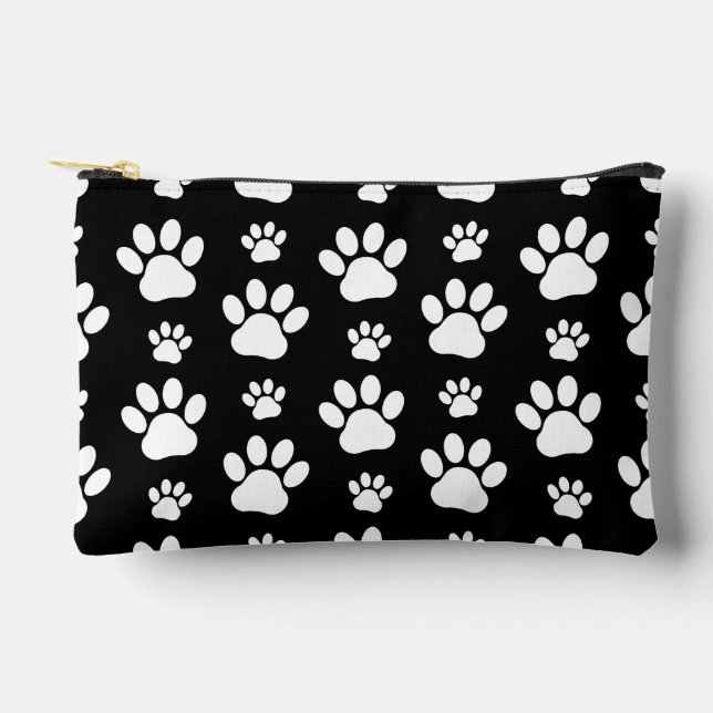 Paw Pattern, Paw Prints, Dog Paws, Black and White Accessory Pouch (Front)