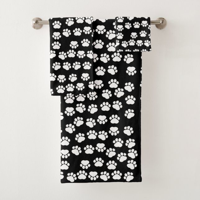 Paw Pattern, Paw Prints, Dog Paws, Black and White Bath Towel Set (Insitu)