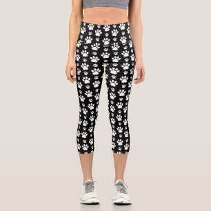Paw Pattern, Paw Prints, Dog Paws, Black and White Capri Leggings