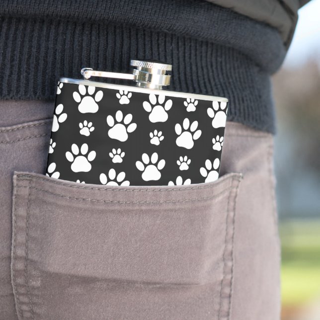 Paw Pattern, Paw Prints, Dog Paws, Black and White Hip Flask (In Situ)