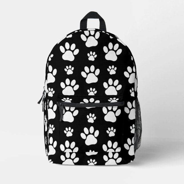 Paw Pattern, Paw Prints, Dog Paws, Black and White Printed Backpack (Front)