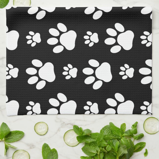 Paw Pattern, Paw Prints, Dog Paws, Black and White Tea Towel (Folded)