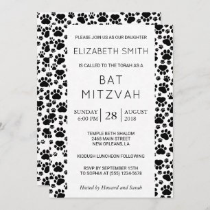 Paw Pattern, Paws, Black and White, Bat Mitzvah Invitation