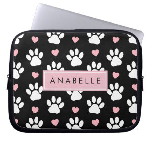 Paw Pattern, White Paws, Pink Hearts, Your Name Laptop Sleeve