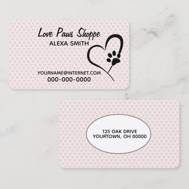 Paw Print and Pink Hearts Business Card (Front/Back)