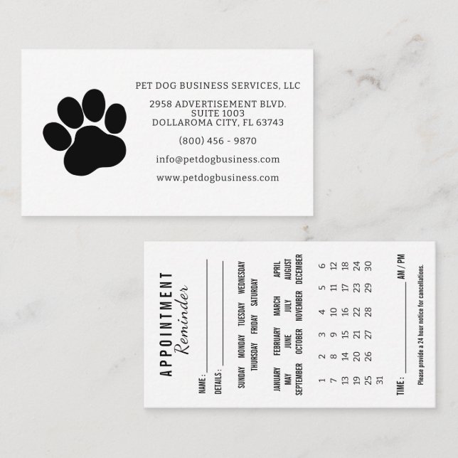 Paw Print Appointment Reminder Calendar Card (Front/Back)