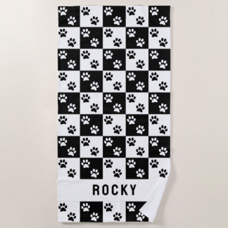 Paw print black and white check pattern with name beach towel