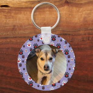 Paw print blue red heart photo key ring