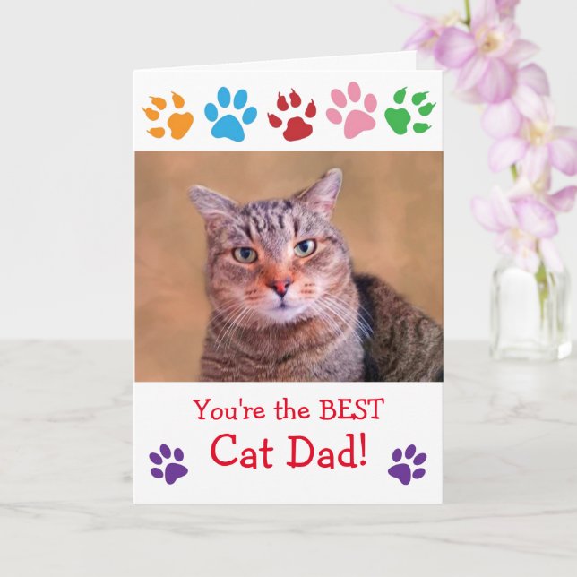 Paw Print Cat Dad Photo Birthday Card (Orchid)