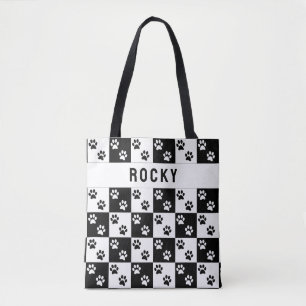 Paw print checked pattern with name tote bag