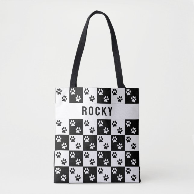 Paw print checked pattern with name tote bag (Front)
