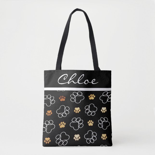 Paw Print Dog Cat Black Customise Name Tote (Front)