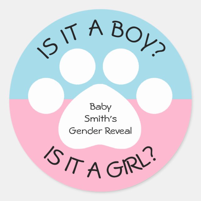 Paw Print Gender Reveal Classic Round Sticker (Front)