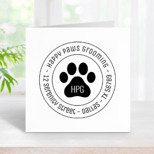 Paw Print Grooming Business Round Address Rubber Stamp