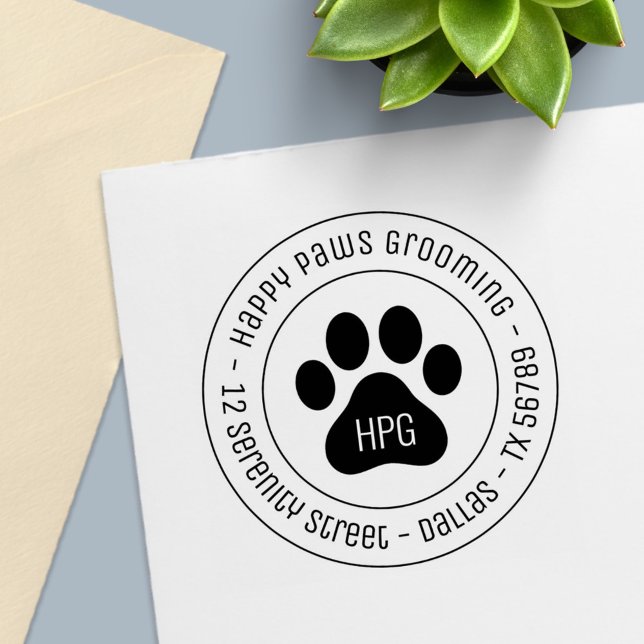 Paw Print Grooming Business Round Address Self-inking Stamp (Creator Uploaded)