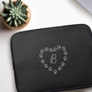 Paw Print Heart Monogram Black Laptop Sleeve