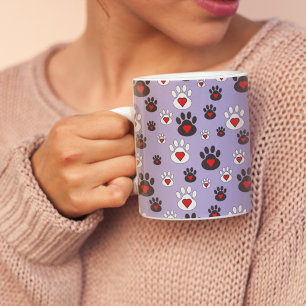 Paw Print Heart Pattern Periwinkle Purple Dog Cat Large Coffee Mug