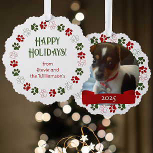 Paw Print in Christmas Colors Photo Template Tree Decoration Card