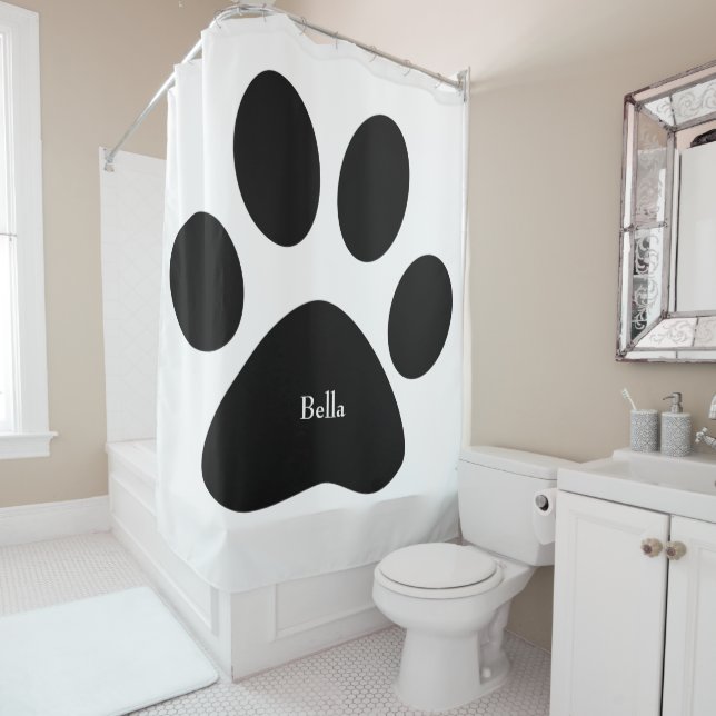 Paw Print Large Pattern Black White Custom Name Shower Curtain (In Situ)