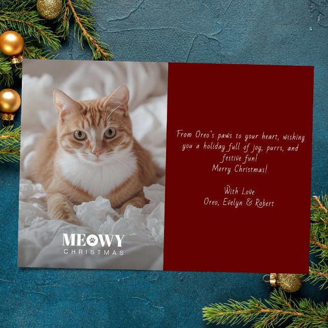 Paw Print Meowy Christmas Handwriting Photo Red Holiday Card (Creator Uploaded)