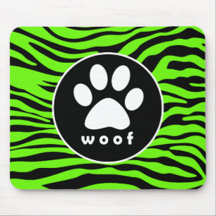 Paw Print on Bright Neon Green Zebra Stripes Mouse Pad