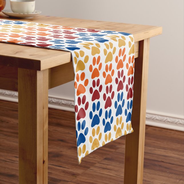 Paw Print Pattern in Red, Blue, Yellow, Orange Short Table Runner (In Situ)