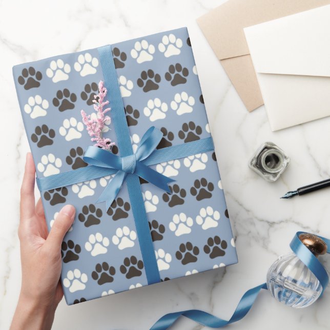 Paw Print Pattern Silver Blue Wrapping Paper (Gifting)