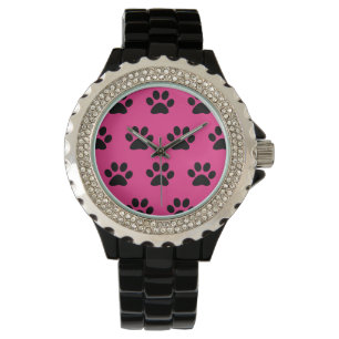 Paw Print Patterns Black Pink Cute Stylish Girly Watch