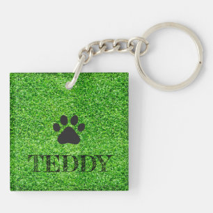 Paw Print PET NAME Grass Dog Cat Sitter Fun Key Ring