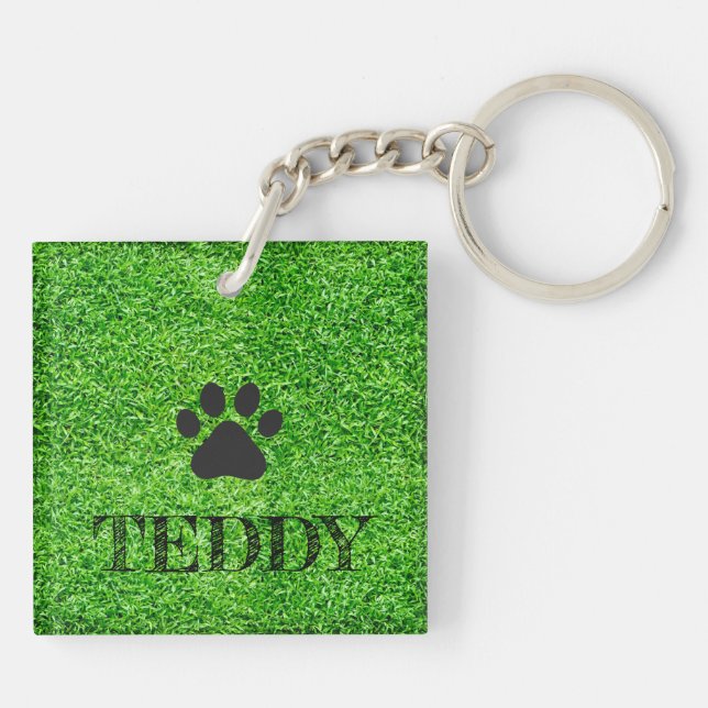Paw Print PET NAME Grass Dog Cat Sitter Fun Key Ring (Back)