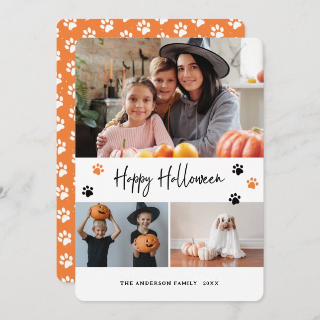 Paw Print Pet Photo Collage Orange Halloween Card (Front/Back)