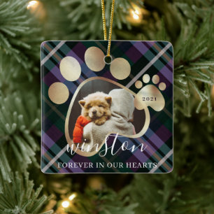 Paw Print Pet Photo Purple plaid Pet Name Memorial Ceramic Ornament