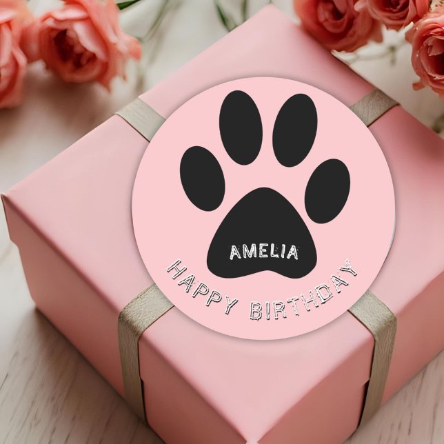 Paw Print Pink Happy Birthday Sticker with Name (Creator Uploaded)
